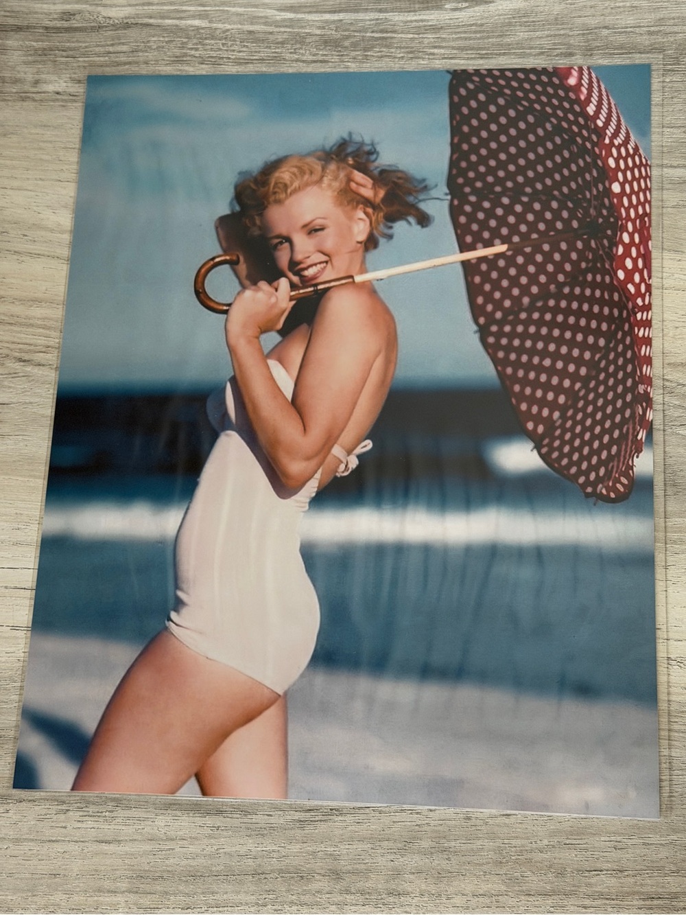 Marilyn Monroe White Bathing Suit Red Polka Dot Umbrella Beach Color 8x10 Photo